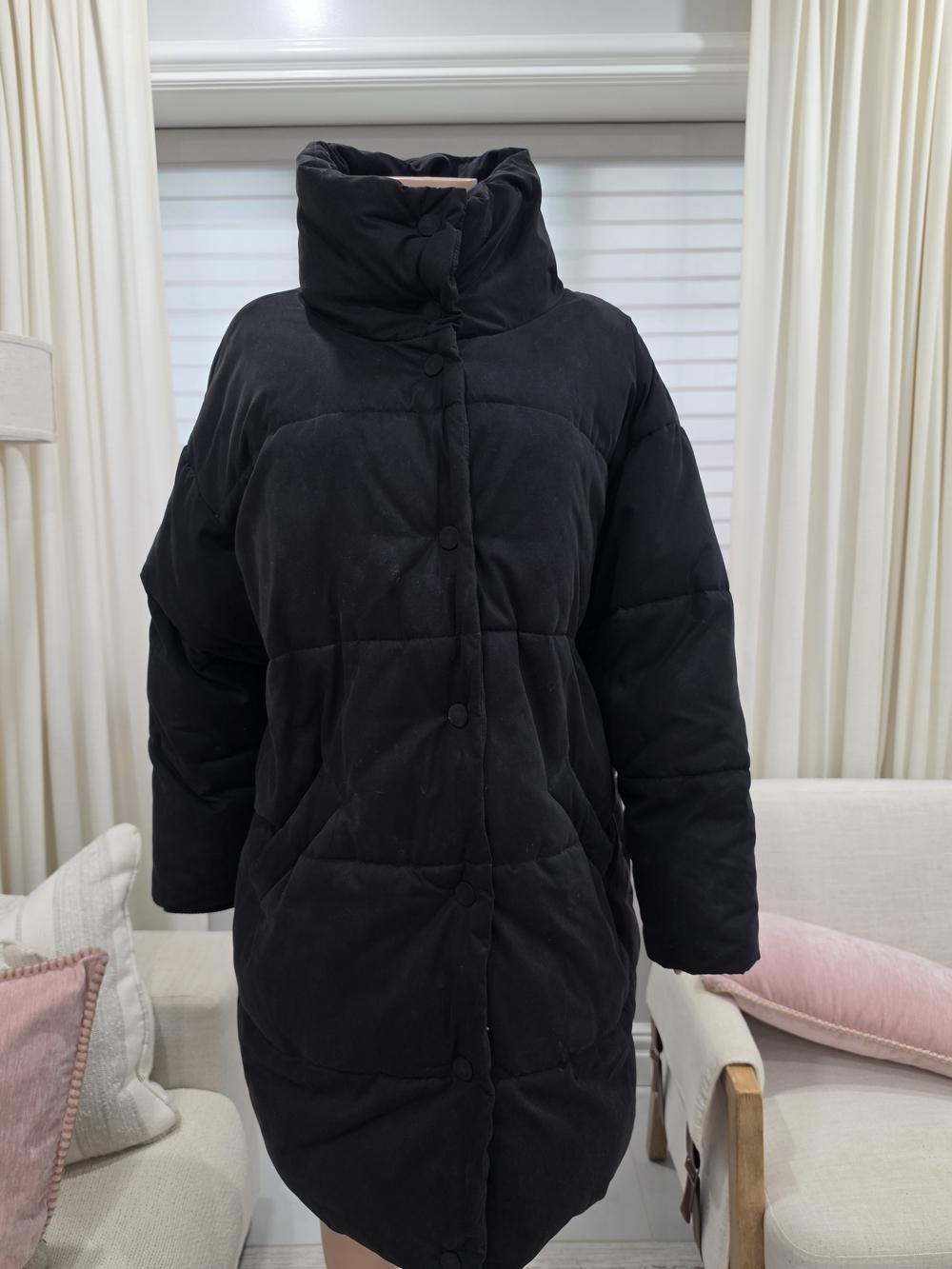MONKI Black Long Puffer Coat High Collar Size L
